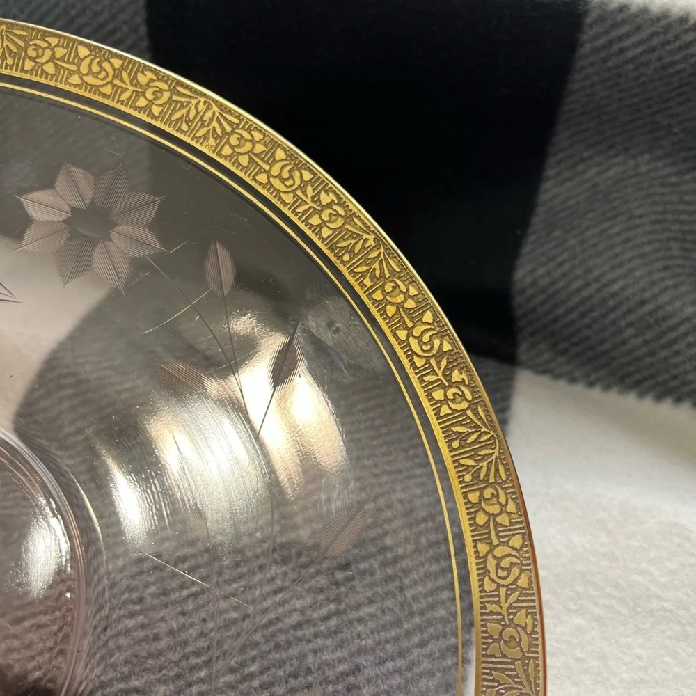 Vintage Pink Depression Glass Platter with Handle with Etched Detail Gold Trim